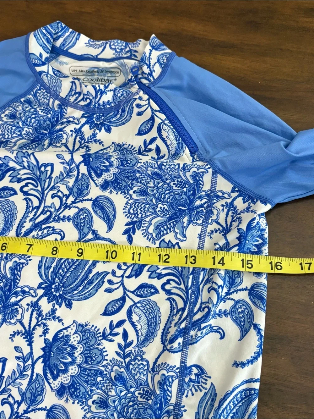 Coolibar Youth Zippy Rash Guard L Blue White Floral Sun Shirt UPF 50+ Fairy